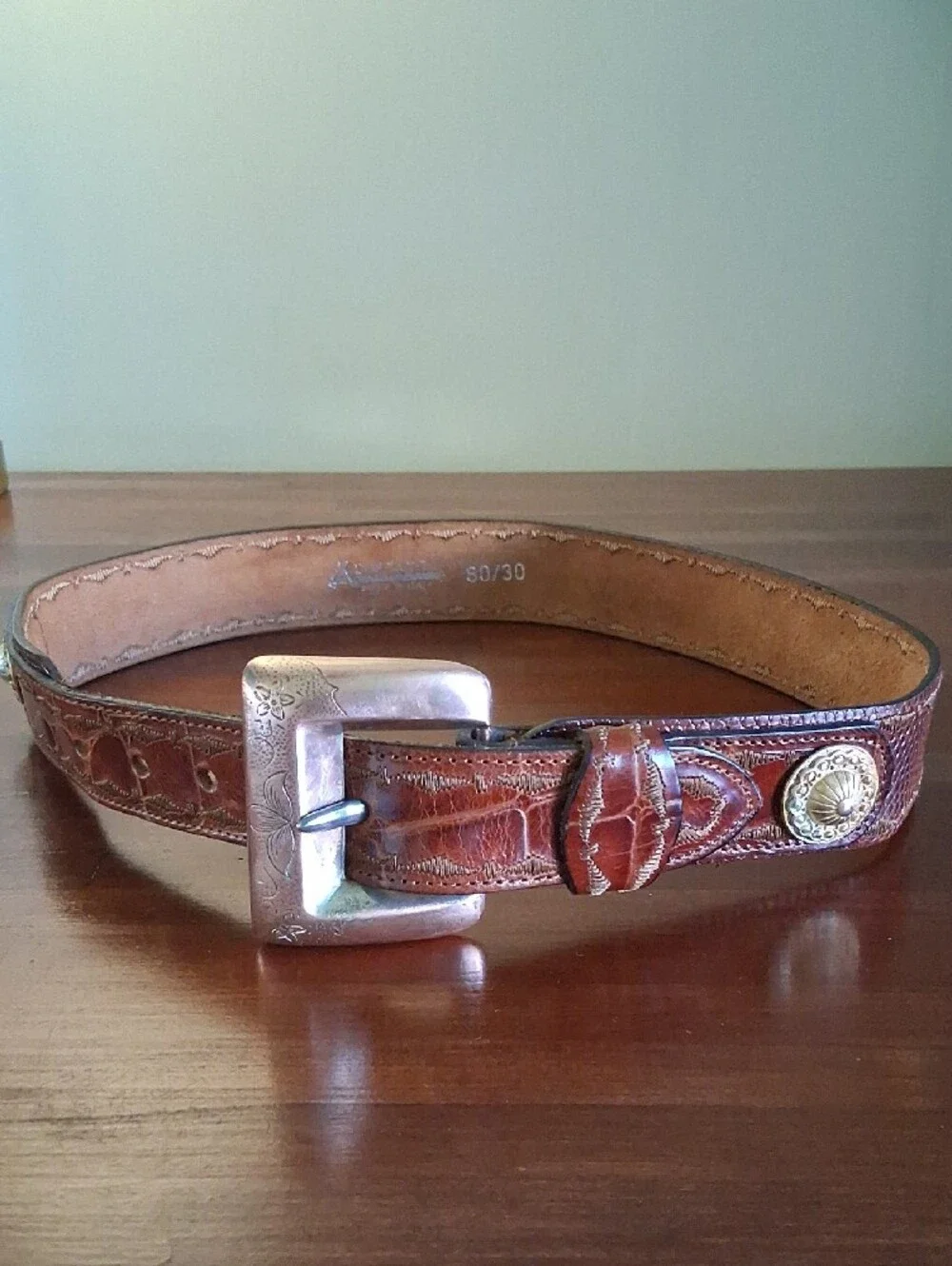 VTG Doppia Vita Western Leather Brown Stitch 80s MCM Italy Buckle 80/30